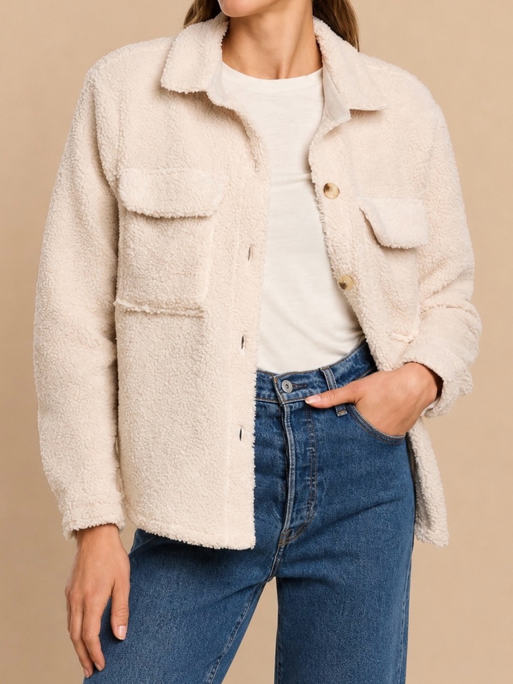 BeachLunchLounge Tory Sherpa Shacket | Cream Teddy Fleece | Women’s Small